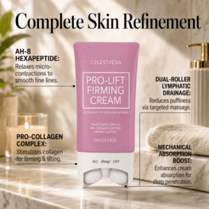 Celestvéra, Celestvéra Pro-Lift Firming Cream, neck firming cream, neck lift roller cream, firming neck cream, sagging skin treatment, crepey skin cream, neck massage roller, AH-8 hexapeptide, peptide neck cream, tighten neck skin, jawline firming cream, décolletage cream, anti aging neck care, at home neck lift, best cream for neck lines, cooling skin roller, hydrating neck treatment, niacinamide neck cream, firming skin ritual, smooth neck texture, youthful neckline, non greasy neck cream, skincare for mature skin, daily neck firming