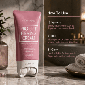 Celestvéra, Celestvéra Pro-Lift Firming Cream, neck firming cream, neck lift roller cream, firming neck cream, sagging skin treatment, crepey skin cream, neck massage roller, AH-8 hexapeptide, peptide neck cream, tighten neck skin, jawline firming cream, décolletage cream, anti aging neck care, at home neck lift, best cream for neck lines, cooling skin roller, hydrating neck treatment, niacinamide neck cream, firming skin ritual, smooth neck texture, youthful neckline, non greasy neck cream, skincare for mature skin, daily neck firming